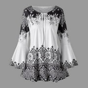 Women's Plus Size Tunic Tops - Long Bell Sleeve Keyhole T-Shirts Fashion Floral Print Blouses Casual Loose Fit Tees